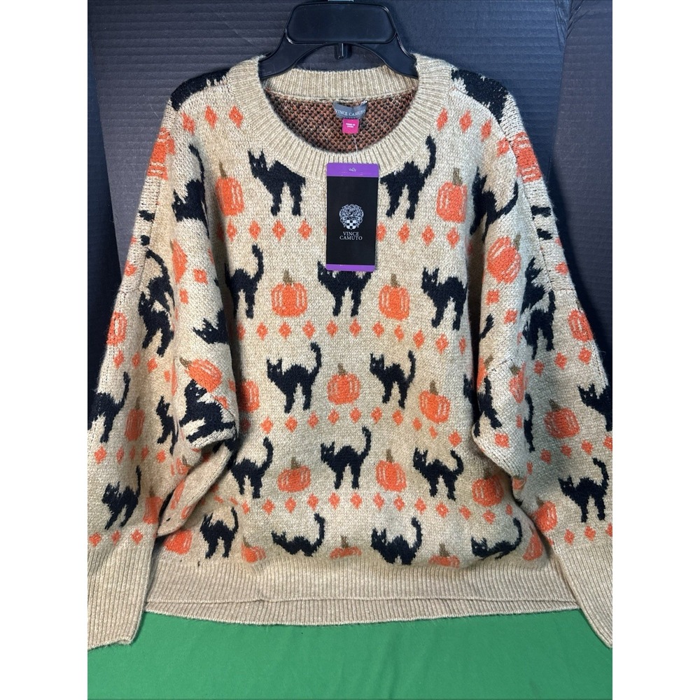 Vince Camuto Womens Halloween Black Cat Pumpkin Sweater Tan Size L NWT - Picture 5 of 5